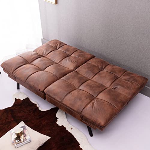 RITSU Futon Bed/71 L,Sleeper Memory Foam Sofa Bed, Daybed with Adjustable Armrests, Faux Leather/3" Cushion Thicker Version Couch for Living Room Apartment Office, Brown