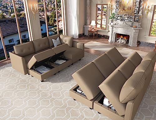 LLappuil Oversized Modular Sectional Sofa with Storage, Faux Leather Fabric U Shaped Sectional with Chaise, 12 Seater Modular Sleeper Couch for Living Room, Cognac