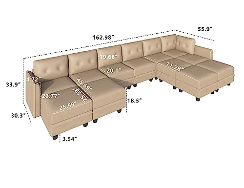 LLappuil Oversized Modular Sectional Sofa with Storage, Faux Leather Fabric U Shaped Sectional with Chaise, 12 Seater Modular Sleeper Couch for Living Room, Cognac