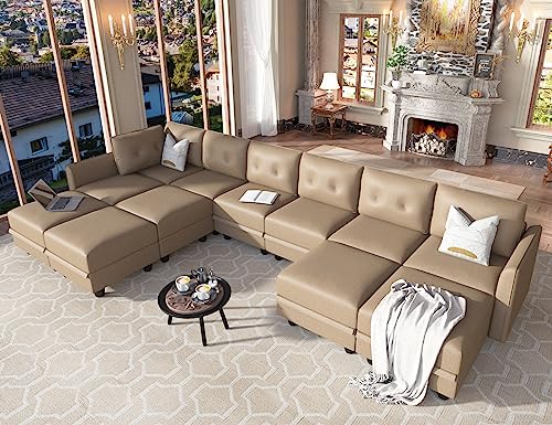 LLappuil Oversized Modular Sectional Sofa with Storage, Faux Leather Fabric U Shaped Sectional with Chaise, 12 Seater Modular Sleeper Couch for Living Room, Cognac