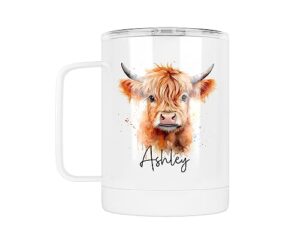 personalized highland cow mug with name - highland cow gifts for women - lightweight stainless steel coffee cup travel tumbler with handle - printed design on both sides