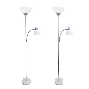 simple designs lf2000-slv-2pk floor lamp with reading light 2 pack, silver