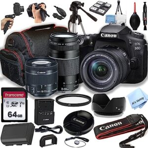 canon eos 90d dslr camera w/ef-s 18-55mm f/4-5.6 stm zoom lens + 75-300mm f/4-5.6 iii lens+ 64gb memory card, case, hood, tripod, grip-pod, filter, professional photo bundle(26pc)