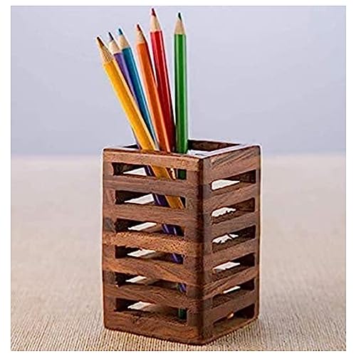 EMOH ROCED Wooden Pencil Pen Holder Cup,Desk Accessories Holder,Makeup Brush Storage Organizer,Modern Design Desktop Stationery Organizer for Office School Home Supplies,2.6x 2.6x 4 inches