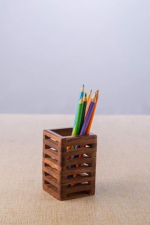 EMOH ROCED Wooden Pencil Pen Holder Cup,Desk Accessories Holder,Makeup Brush Storage Organizer,Modern Design Desktop Stationery Organizer for Office School Home Supplies,2.6x 2.6x 4 inches