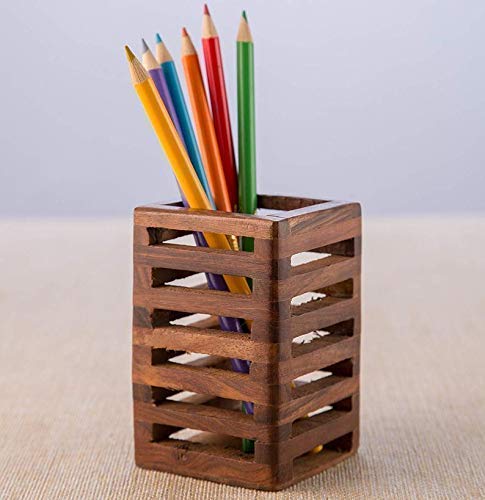 EMOH ROCED Wooden Pencil Pen Holder Cup,Desk Accessories Holder,Makeup Brush Storage Organizer,Modern Design Desktop Stationery Organizer for Office School Home Supplies,2.6x 2.6x 4 inches