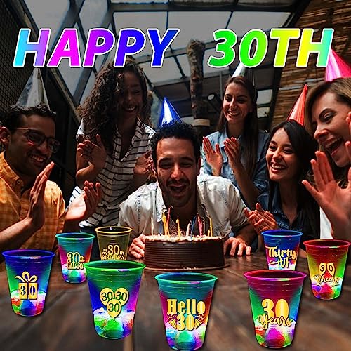 mishunyus 24 Pcs Glow 30th Birthday Decorations for Women/Men Birthday Party Supply, 30th Birthday Party Cups,