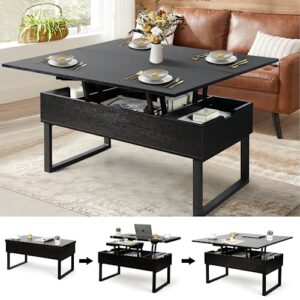 lift top coffee table, 3 in 1 multi-function with hidden compartment for living room, modern lift coffee table converts to dining table for reception, black