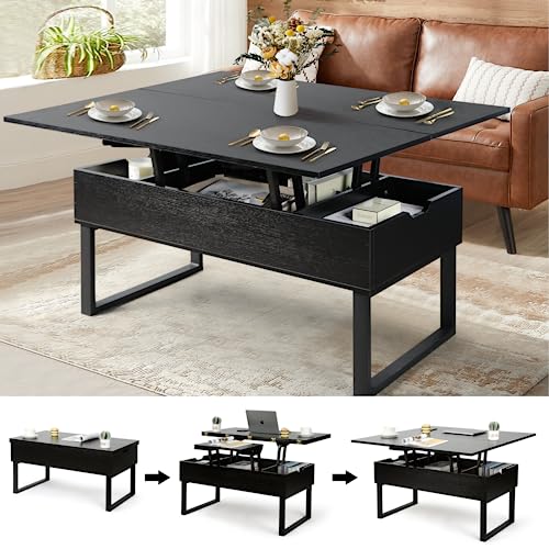 Lift Top Coffee Table, 3 in 1 Multi-Function with Hidden Compartment for Living Room, Modern Lift Coffee Table Converts to Dining Table for Reception, Black