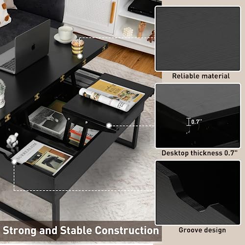 Lift Top Coffee Table, 3 in 1 Multi-Function with Hidden Compartment for Living Room, Modern Lift Coffee Table Converts to Dining Table for Reception, Black