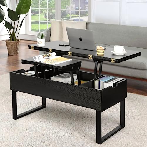 Lift Top Coffee Table, 3 in 1 Multi-Function with Hidden Compartment for Living Room, Modern Lift Coffee Table Converts to Dining Table for Reception, Black