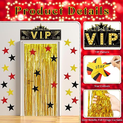 Tigeen 32 Pcs VIP Party Decorations Set 1 Shiny VIP Entrance Decoration 30 Gold Red Black Glitter Star 1 Gold Decorative Door Curtain for Movie Night Party VIP Party Music Award Night Birthday