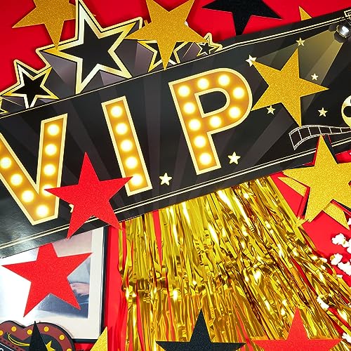 Tigeen 32 Pcs VIP Party Decorations Set 1 Shiny VIP Entrance Decoration 30 Gold Red Black Glitter Star 1 Gold Decorative Door Curtain for Movie Night Party VIP Party Music Award Night Birthday