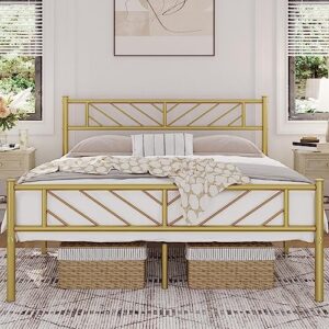 yaheetech full size platform bed frame with arrow design headboard,13 inches metal mattress foundation for storage,no box spring needed,easy assembly,modern,antique gold