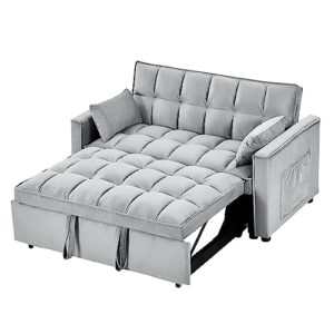 katboc 3 in 1 sleeper sofa couch with adjustable backrest modern velvet convertible sleeper sofa bed with pillows and side pockets, small loveseat sofa bed w/pull out bed for living room (grey)