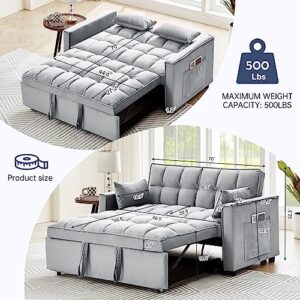 KATBOC 3 in 1 Sleeper Sofa Couch with Adjustable Backrest Modern Velvet Convertible Sleeper Sofa Bed with Pillows and Side Pockets, Small Loveseat Sofa Bed w/Pull Out Bed for Living Room (Grey)