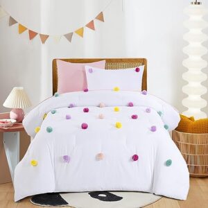 hombys pom poms bedding comforter set for girls, 5 piece white pink boho kids comforter set for all season，full/queen size