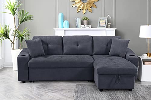 OPTOUGH Gray Sleeper Sectional Storage Chaise and Side Pocket, 2 Cupholders, L-Shape Couch with Pull-Out Sofa Bed for Home Living Room Apartment, Dark Grey