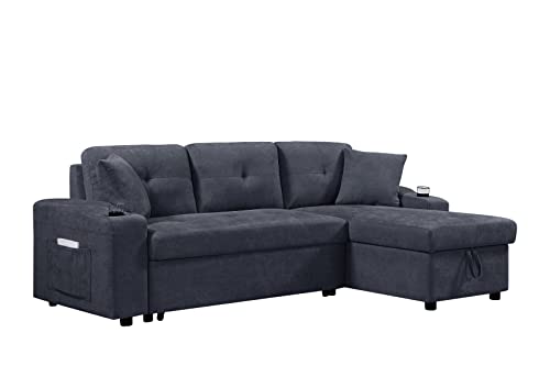 OPTOUGH Gray Sleeper Sectional Storage Chaise and Side Pocket, 2 Cupholders, L-Shape Couch with Pull-Out Sofa Bed for Home Living Room Apartment, Dark Grey