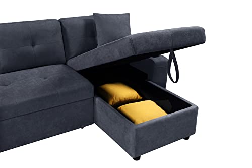 OPTOUGH Gray Sleeper Sectional Storage Chaise and Side Pocket, 2 Cupholders, L-Shape Couch with Pull-Out Sofa Bed for Home Living Room Apartment, Dark Grey