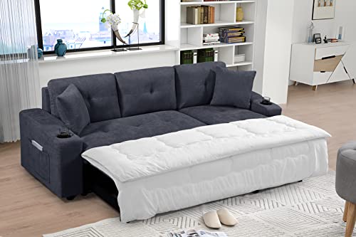 OPTOUGH Gray Sleeper Sectional Storage Chaise and Side Pocket, 2 Cupholders, L-Shape Couch with Pull-Out Sofa Bed for Home Living Room Apartment, Dark Grey