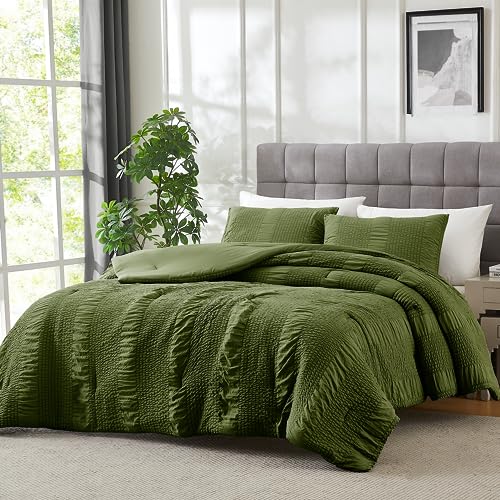 Seersucker Olive Green King Size Comforter Set, 3 Pieces- Soft Washed Microfiber Sage Comforter with 2 Pillowcases shams, Fluffy Down Alternative Bedding Comforter Sets for All Season (104x90 inches)