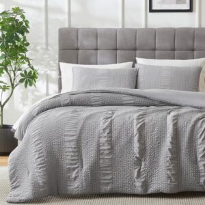 seersucker grey king size comforter set, 3 pieces- soft washed microfiber gray comforter with 2 pillowcases shams, fluffy down alternative bedding comforter sets for all season (104x90 inches)