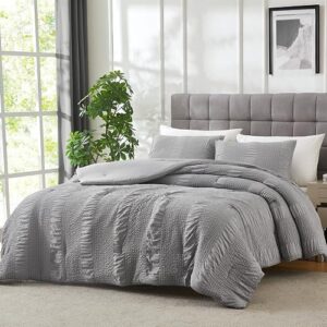 Seersucker Grey King Size Comforter Set, 3 Pieces- Soft Washed Microfiber Gray Comforter with 2 Pillowcases Shams, Fluffy Down Alternative Bedding Comforter Sets for All Season (104x90 inches)