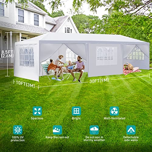 10'x30' Party Tent, Outdoor Tents for Parties, Wedding and Birthday, White Large Canopy Tent with 8 Removable Sidewalls & Transparent Windows, Outside Gazebo Event Tent for Garden, Patio and Backyard