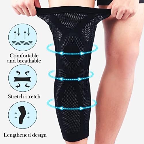 FANOLO Sports Full Long Leg Knee Compression Sleeve with Patella Gel Pad & Side Stabilizers - Knee Brace for Men Women Running, Gym, Workout, Arthritis, Joint Recovery (Black,Large)