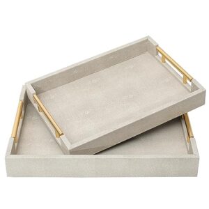 swallowliving set of 2 wood serving tray with gold polished metal handles ivory shagreen decorative tray pu leather with brushed gold for coffee table ottoman console table
