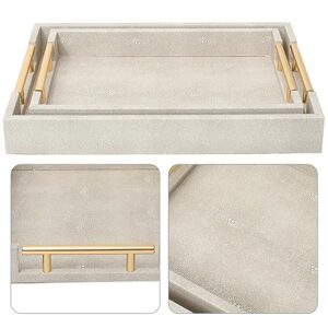 SwallowLiving Set of 2 Wood Serving Tray with Gold Polished Metal Handles Ivory Shagreen Decorative Tray PU Leather with Brushed Gold for Coffee Table Ottoman Console Table