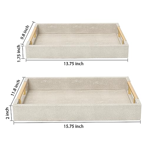 SwallowLiving Set of 2 Wood Serving Tray with Gold Polished Metal Handles Ivory Shagreen Decorative Tray PU Leather with Brushed Gold for Coffee Table Ottoman Console Table