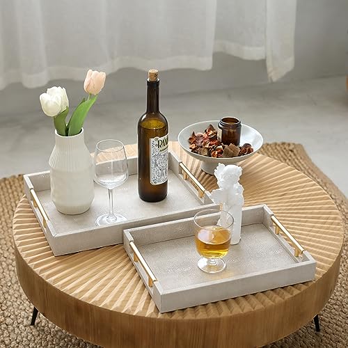 SwallowLiving Set of 2 Wood Serving Tray with Gold Polished Metal Handles Ivory Shagreen Decorative Tray PU Leather with Brushed Gold for Coffee Table Ottoman Console Table