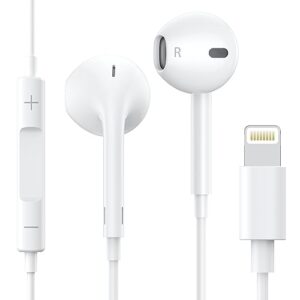 apple earbuds headphones with lightning connector [apple mfi certified] built-in microphone & volume control, noise isolating wired earphones for iphone 14/13/12/11/xr/xs/x/8/7 support all ios