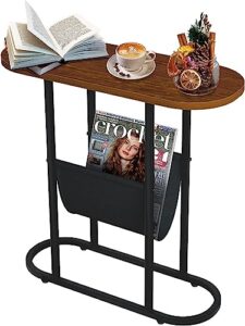 graffitimaster oval narrow side table with magazine sling holder pouch, slim end table with metal frame for living room bedside bedroom couch small spaces, retro wood grain finish