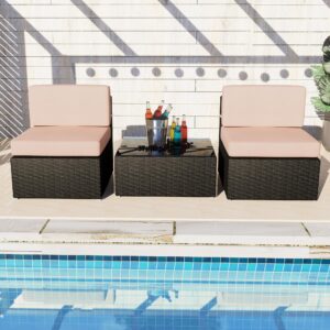 yoyomax 3pcs patio furniture, weather pe rattan sectional set sofa & tempered glass including, beige, 2 armless sofa+1 coffee table