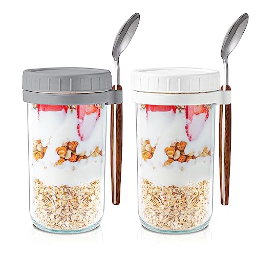 GUUTRY Overnight Oats Containers with lids and Spoons: 24 Oz Mason Jars for Overnight Oats - 2 Pack Glass Food Storage Containers for Oatmeal - Meal Prep Container/Canning Jars/Food Jars & Canisters