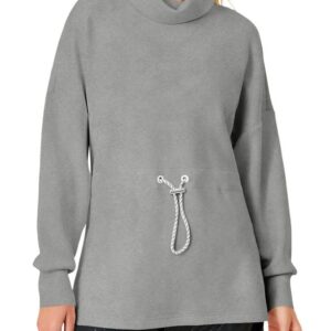 Dokotoo Womens Sweatshirts Casual Long Sleeve Pullover Turtleneck Drawstring Cute Tops Solid Color Relaxed Fit Sexy Side Split Gray Shirts Large