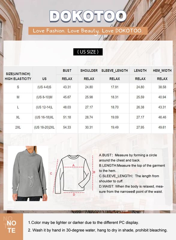 Dokotoo Womens Sweatshirts Casual Long Sleeve Pullover Turtleneck Drawstring Cute Tops Solid Color Relaxed Fit Sexy Side Split Gray Shirts Large