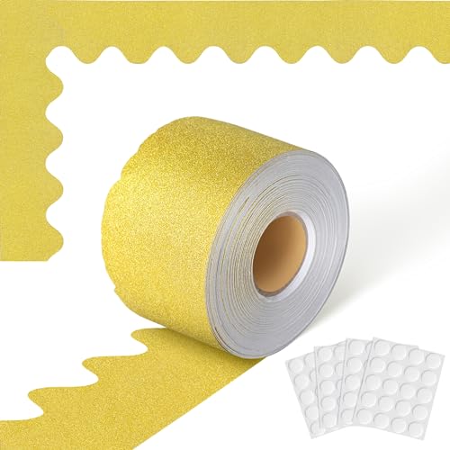 65.6 Feet Bulletin Board Borders, Gold Glitter Borders Trim, Gold Scalloped Bulletin Board Paper with 80 Pieces Glue Points for Blackboard Classroom School Office Home Desk Poster Decoration (Gold)