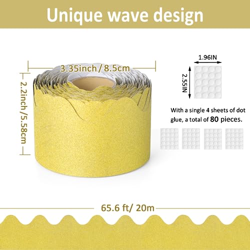 65.6 Feet Bulletin Board Borders, Gold Glitter Borders Trim, Gold Scalloped Bulletin Board Paper with 80 Pieces Glue Points for Blackboard Classroom School Office Home Desk Poster Decoration (Gold)