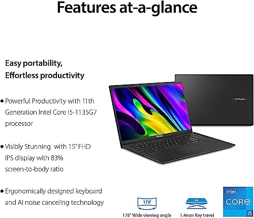 Asus Vivobook 15 Laptop, 15.6 Inch FHD, Intel Core i5-1135G7, 8GB RAM, 256GB SSD, Windows 11 Pro, 10 Number Key, WiFi, HDMI, USB Type-C for Business & Student, Black, PCM