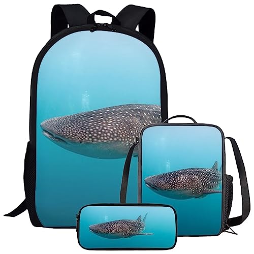 Parprinty Kids Novelty Animal Backpack and Lunch Box for Boys Girls Student Lightweight 17 Inch School Whale Shark Backpack with Lunch Bag Pencil Case Kids Comfy Padded Black Large Bookbag