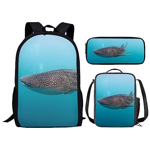 Parprinty Kids Novelty Animal Backpack and Lunch Box for Boys Girls Student Lightweight 17 Inch School Whale Shark Backpack with Lunch Bag Pencil Case Kids Comfy Padded Black Large Bookbag