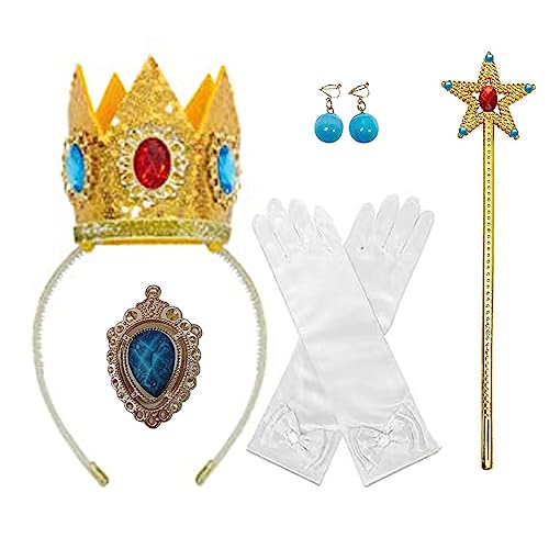 LAND BABEE Princess Crown Accessories Kit for Kids Girls Peach, 5in1 Princess Dress Up Accessories Tiara Crowns Brooch Wand Gloves Earrings, Princess Costume Halloween Cosplay Birthday Party Supplies