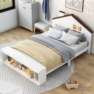 polibi full size wooden platform bed with led lights and storage,bedframe full-size with house-shaped headboard,white