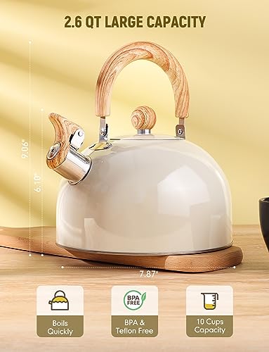 VARLEAS Whistling Tea Kettle for Stovetop, Surgical-Grade Stainless Steel Tea pot Kettles with Stay-Cool Ergonomic Handle, 2.6 Quart Rapid Boiling Teapot for Home Kitchen - Milk White