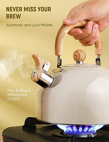 VARLEAS Whistling Tea Kettle for Stovetop, Surgical-Grade Stainless Steel Tea pot Kettles with Stay-Cool Ergonomic Handle, 2.6 Quart Rapid Boiling Teapot for Home Kitchen - Milk White