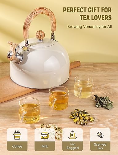 VARLEAS Whistling Tea Kettle for Stovetop, Surgical-Grade Stainless Steel Tea pot Kettles with Stay-Cool Ergonomic Handle, 2.6 Quart Rapid Boiling Teapot for Home Kitchen - Milk White